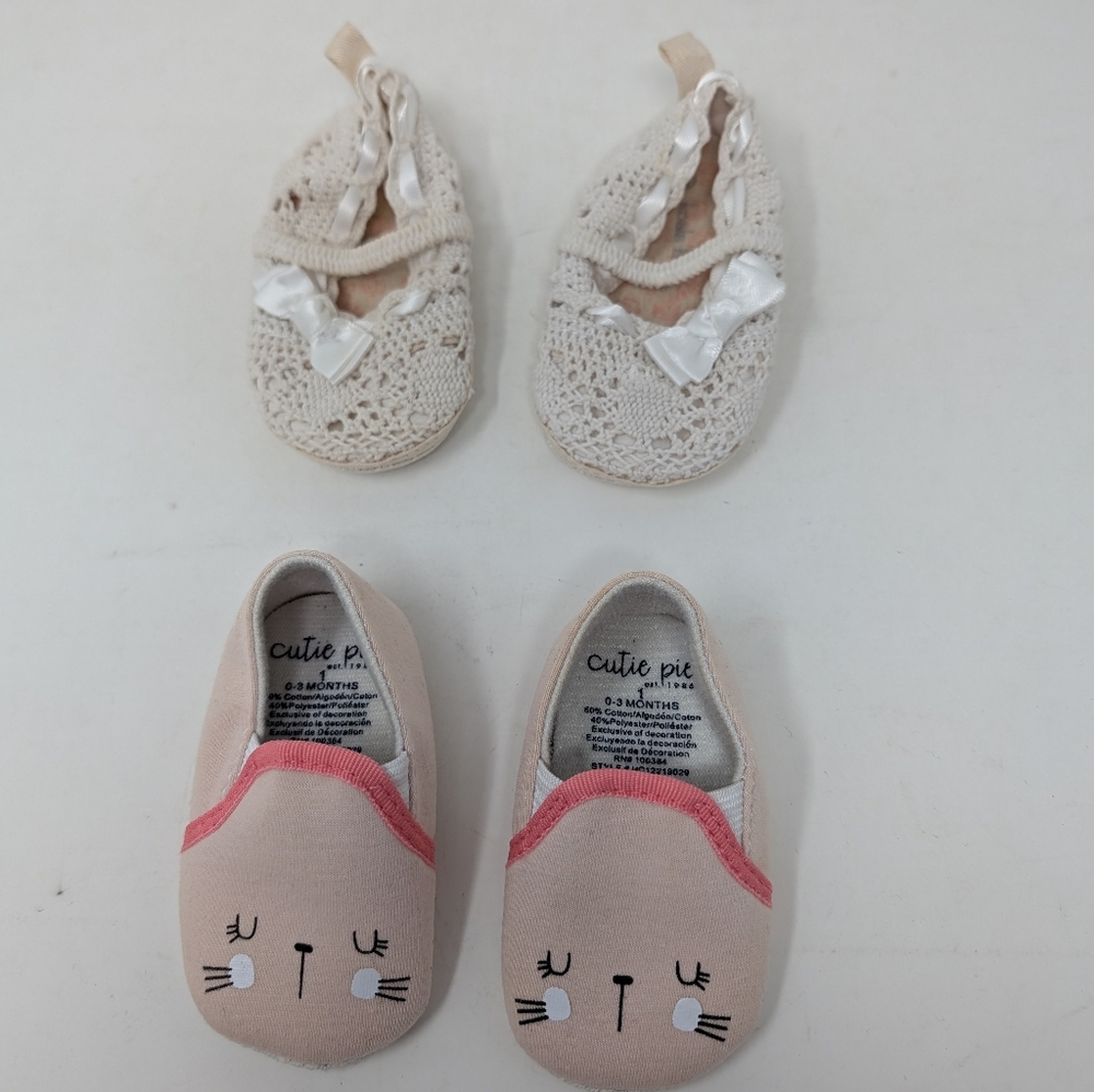 Infant girl's baby shoes. Slip on. Two pairs total. Sizes 1 & 2